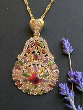 Gold-Tone Multigem Teardrop Pendant Necklace in Pink and Red
